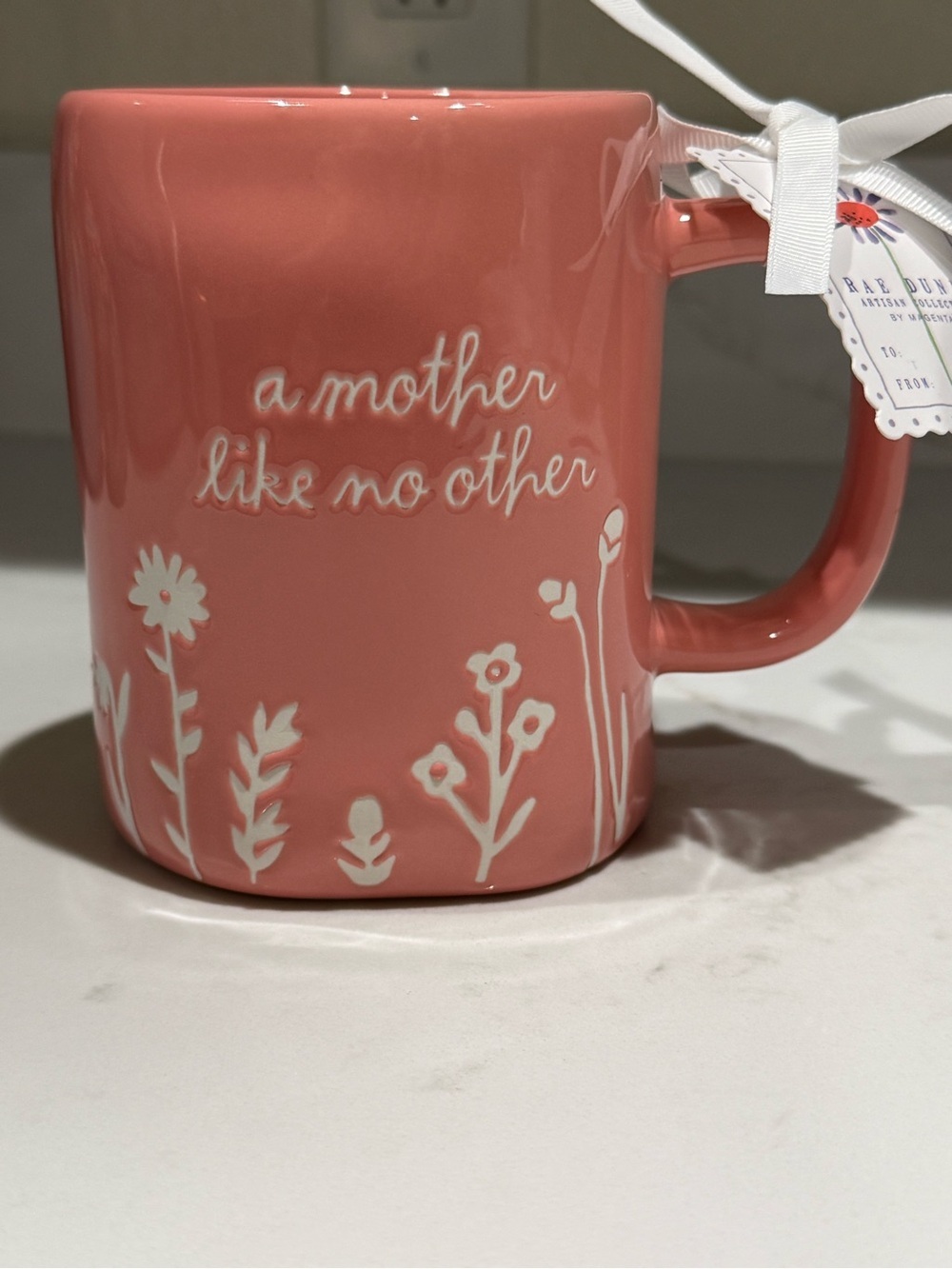 Rae Dunn Pink Ceramic Mug "A Mother Like No Other" with white Floral pattern NWT